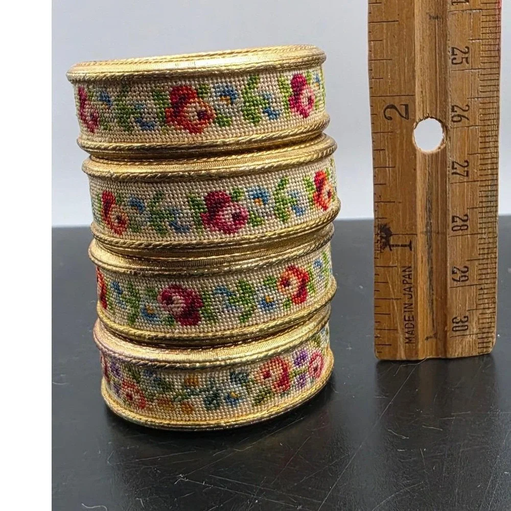 Vintage Petit Point Floral Napkin Rings Set of 4 Gold Tone Engraved Metal Rose